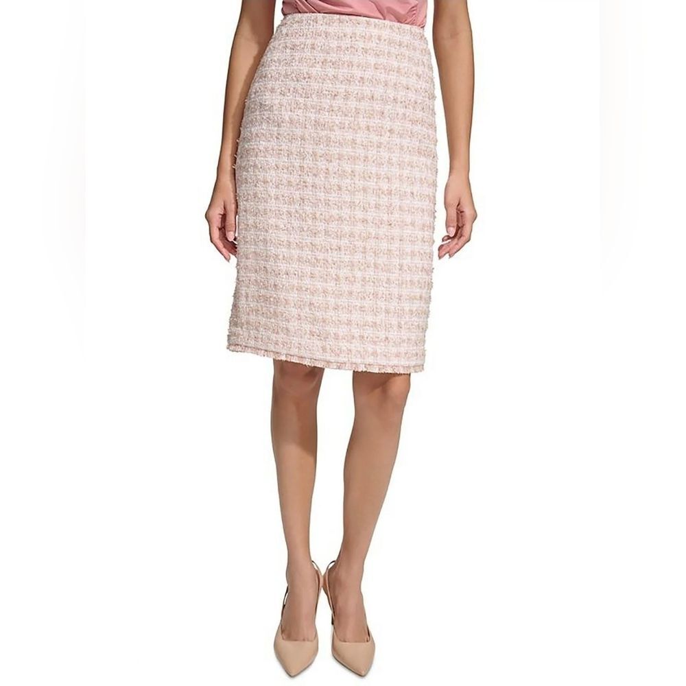 Calvin Klein Glen Tweed Pencil Skirt Womens Size 14 Pink White Plaid Academia